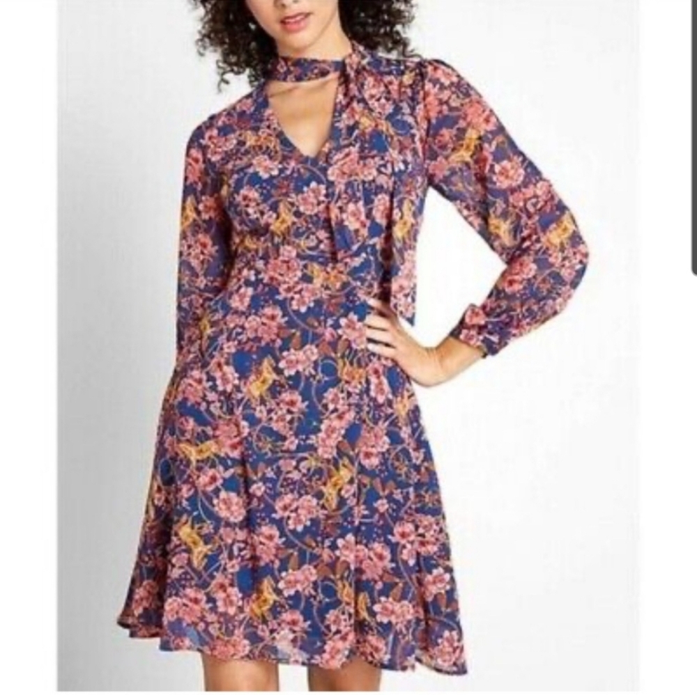 Modcloth Floral Navy and Rust Dress